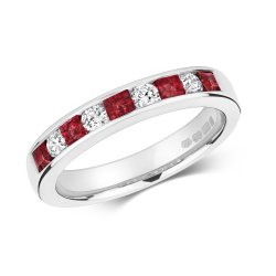 Diamond & Ruby Round And Princess Cut Channel Set Half Eternity Ring In 9ct White Gold 