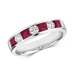 Diamond & Ruby Round And Princess Cut Channel Set Half Eternity Ring In 9ct White Gold 