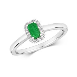Diamond & Emerald Octagon Cluster Ring In 9ct White Gold 