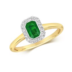 Diamond & Emerald Rubover Set Octagon Cluster Ring In 9ct Gold 