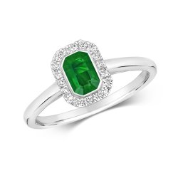 Diamond & Emerald Rubover Set Octagon Cluster Ring In 9ct White Gold 