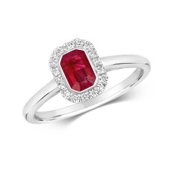 Diamond & Ruby Rubover Set Octagon Cluster Ring In 9ct White Gold 