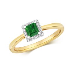 Diamond & Emerald Square Cluster Ring In 9ct Gold 