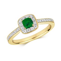 Diamond & Emerald Cushion Cluster With Set Shoulders Ring In 9ct Gold 