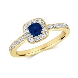 Diamond & Sapphire Cushion Cluster With Set Shoulders Ring In 9ct Gold 