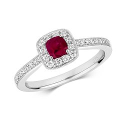 Diamond & Ruby Cushion Cluster With Set Shoulders Ring In 9ct White Gold 