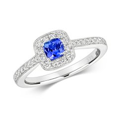 Diamond & Tanzanite Cushion Cluster With Set Shoulders Ring In 9ct White Gold 