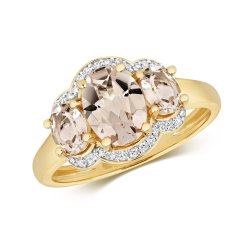 Diamond & Morganite Oval Cluster Trilogy Ring In 9ct Gold 