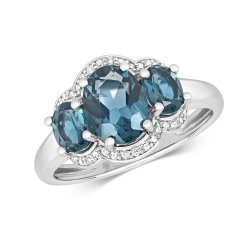 Diamond & London Blue Topaz Oval Cluster Ring In 9ct White Gold 