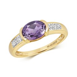 Diamond & Amethyst Oval With Grain Set Shoulders Ring In 9ct Gold 