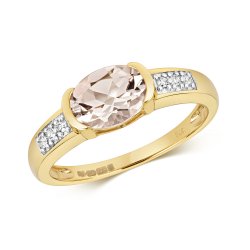 Diamond & Morganite Oval With Grain Set Shoulders Ring In 9ct Gold 