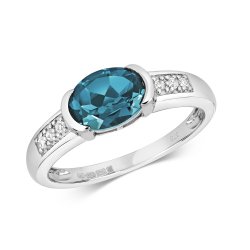 Diamond & London Blue Topaz Oval With Grain Set Shoulders Ring In 9ct White Gold 