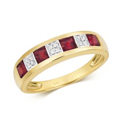 Diamond & Ruby Square And Grain Set Half Eternity Ring In 9ct Gold 