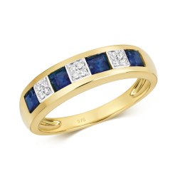 Diamond & Sapphire Square And Grain Set Half Eternity Ring In 9ct Gold 