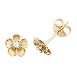 9ct Gold Cz Set Flower Studs 