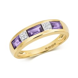Diamond & Amethyst Baguette And Grain Set Half Eternity Ring In 9ct Gold 
