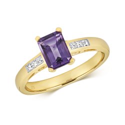 Diamond & Amethyst Octagon With Grain Set Shoulders Ring In 9ct Gold 