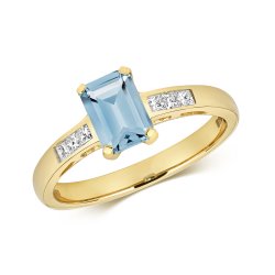 Diamond & Light Swiss Blue Topaz Octagon With Grain Set Shoulders Ring In 9ct Gold 