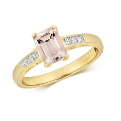 Diamond & Morganite Octagon With Grain Set Shoulders Ring In 9ct Gold 