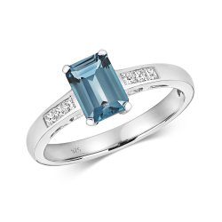 Diamond & London Blue Topaz Ocatgon With Grain Set Shoulders Ring In 9ct White Gold 