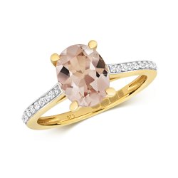 Diamond & Morganite Oval With Grain Set Shoulders Ring In 9c Gold 