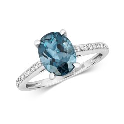 Diamond & London Blue Topaz Oval With Grain Set Shoulders Ring In 9ct White Gold 