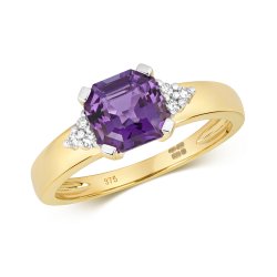 Diamond & Amethyst Asscher Cut With Triangular Sides Ring In 9ct Gold 
