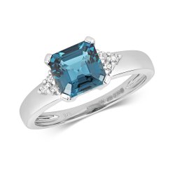 Diamond & London Blue Topaz Asscher Cut With Traingular Sides Ring In 9ct White Gold 