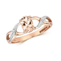 Diamond & Morganite Oval With Grain Set Plaited Shouders Ring In 9ct Gold 