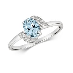 Diamond & Aquamarine Oval With Grain Set Crossover Shoulders Ring In 9ct White Gold 