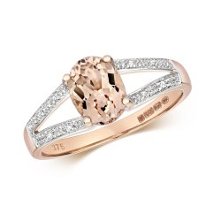 Diamond & Morganite Oval With Grain Set Split Shoulders Ring In 9ct Gold 