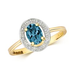 Diamond & London Blue Topaz Oval Halo Ring In 9ct Gold 