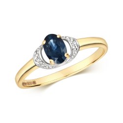Diamond & Sapphire Oval With Braket Sides Ring In 9ct Gold 