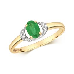 Diamond & Emerald Oval With Braket Sides Ring In 9ct Gold 