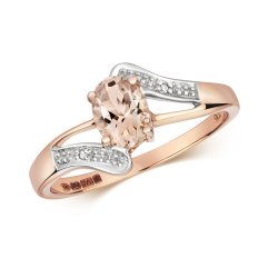 Diamond & Morganite Oval With Grain Set Crossover Shoulders Ring In 9ct Gold 