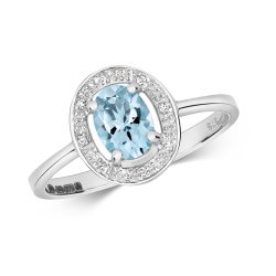 Diamond & Aquamarine Oval Halo Ring In 9ct White Gold 
