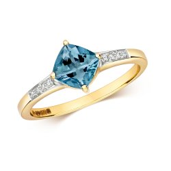 Diamond & London Blue Topaz Cushion With Set Shoulders Ring In 9ct Gold 