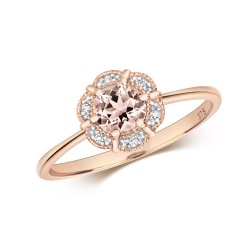 Diamond & Morganite Round Deco Style Cluster Ring In 9ct Rose Gold 