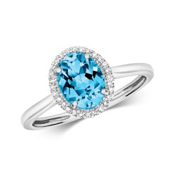 Diamond & Swiss Blue Topaz Oval Cluster Ring In 9ct White Gold 