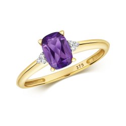 Diamond & Amethyst Cushion With Triangular Sides Ring In 9ct Gold 