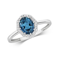 Diamond & London Blue Topaz Octagon Cluster Ring In 9ct White Gold 