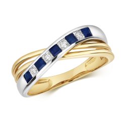 Diamond & Sapphire Princess Cut 2 Tone Crossover Ring In 9ct Gold 