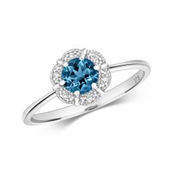 Diamond & London Blue Topaz Round Deco Style Cluster Ring In 9ct White Gold 