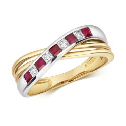 Diamond & Ruby Princess Cut 2 Tone Crossover Ring In 9ct Gold 