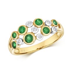 Diamond & Emerald Rubover 2 Tone Dress Ring In 9ct Gold 