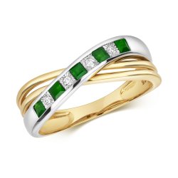 Diamond & Emerald Princess Cut 2 Tone Crossover Ring In 9ct Gold 