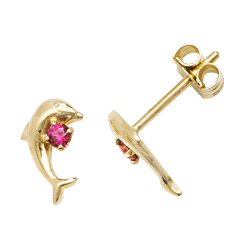 9ct Gold Pink Cz Set Dolphin Studs 