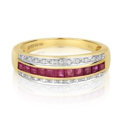 Diamond & Ruby Princess Cut Band In 9ct Gold 