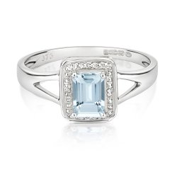 Diamond & Aquamarine With Split Shoulders Ring In 9ct White Gold 