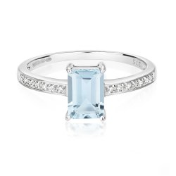 Diamond & Aquamarine With Pave Set Shoulders Ring In 9ct White Gold 